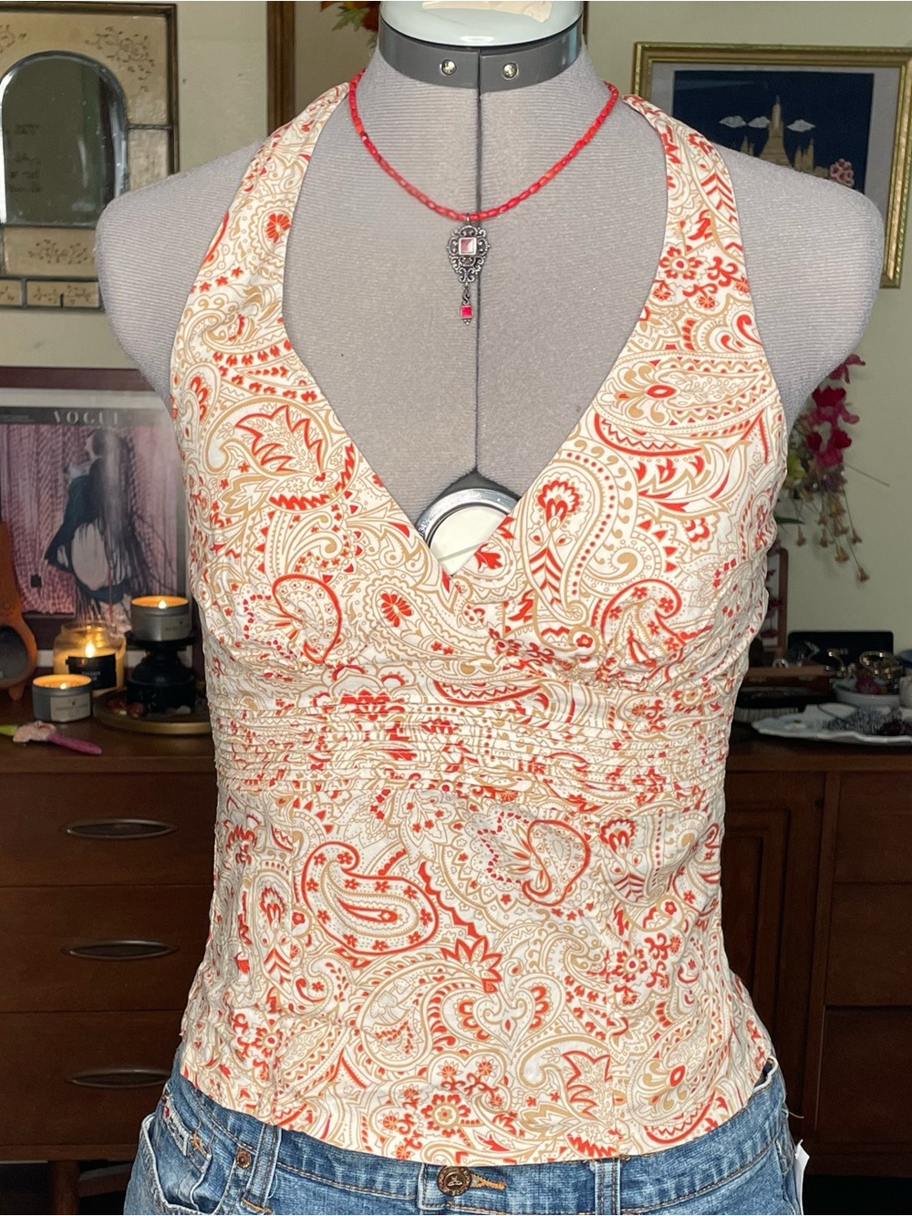Speechless Cream and Red Paisley Halter Camisole